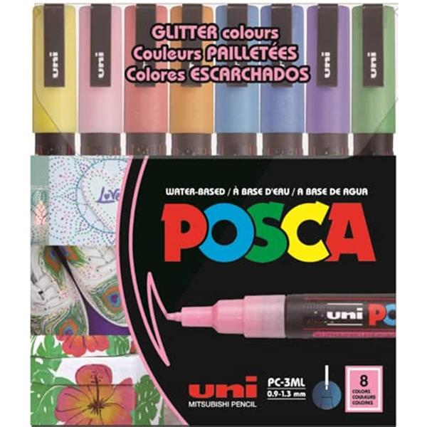 Uni Posca 0.9-1.3 Su Bazli Poster Markörü 8li Set Simli PC-3ML/8C